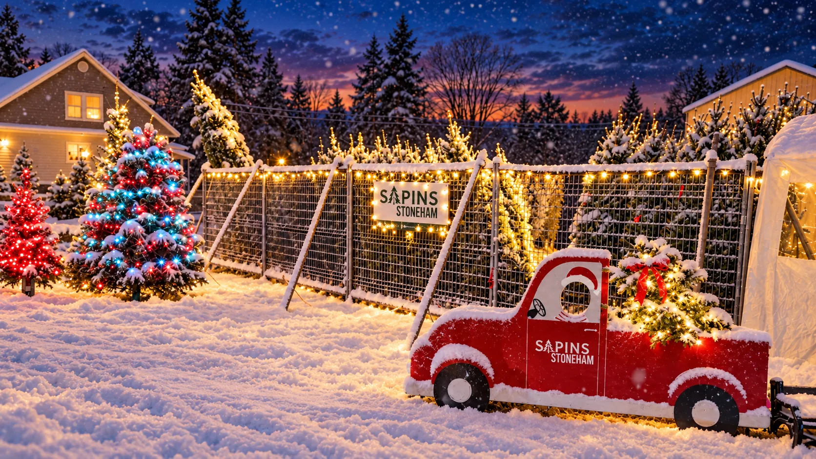 Le kiosque de Sapins Stoneham illuminé le soir, avec le camion rouge décoré et les sapins enneigés